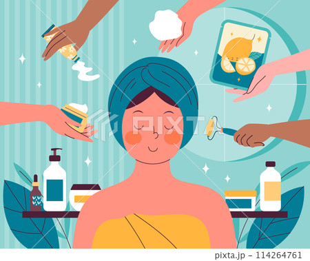 Hand drawn flat skincare composition background with woman using skin products Hand drawn flat skincare composition background with woman using skin products 114264761
