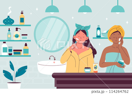 Hand drawn flat skincare composition background with women using skin products 114264762