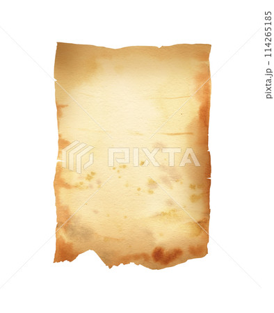 watercolor old brown paper sheets, vintage antique textured beige paper, illustration parchments with ripped edges and spots, vertical banner isolated white background 114265185