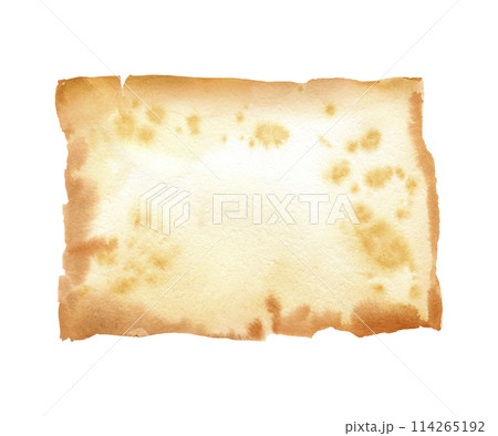 watercolor old brown paper sheets, vintage antique textured beige paper, illustration parchments with ripped edges and spots, horizontal banner isolated white background 114265192