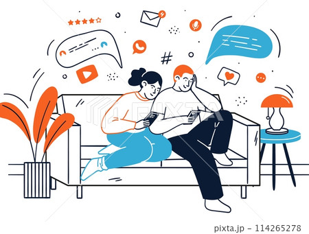 Young couple using smartphone for communication online sitting on sofa 114265278