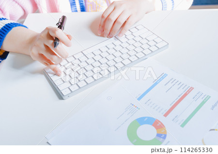 work and learn online in new normal concept from woman typing on wireless keyboard with business document and white isolated background work and learn online in new normal concept from woman typing on wireless keyboard with business document and white isolated background 114265330