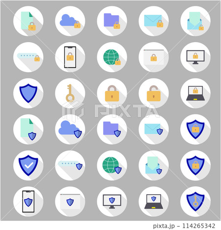 スマホ、パソコン、ブラウザ、メールのセキュリティアイコンセット。ロングシャドウ、丸いアイコンのセット 114265342