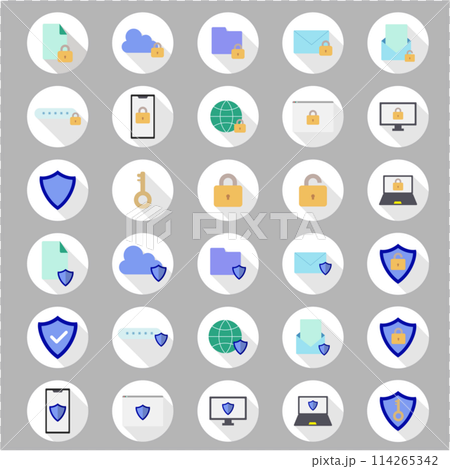 スマホ、パソコン、ブラウザ、メールのセキュリティアイコンセット。ロングシャドウ、丸いアイコンのセット 114265342