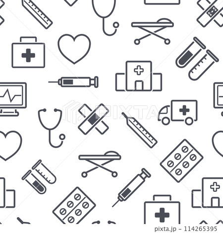 Vector seamless medical pattern, hospital icons, health care, clinic background. Black and white line emergency, pharmacy illustration Vector seamless medical pattern, hospital icons, health care, clinic background. Black and white line emergency, pharmacy illustration 114265395