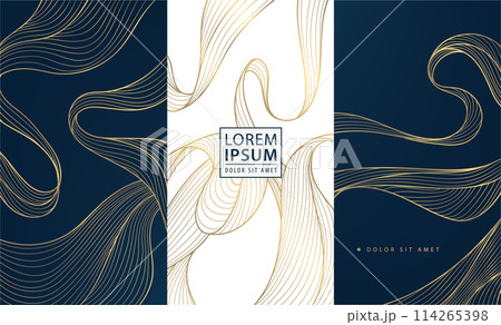 Vector set of wave gold patterns. luxury abstract line art, elegant curve textures. Premium labels, cards, minimal package, glitter silk shapes. Vector set of wave gold patterns. luxury abstract line art, elegant curve textures. Premium labels, cards, minimal package, glitter silk shapes. 114265398