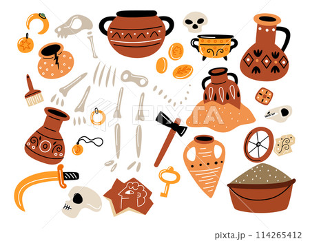 Cartoon archeology. Paleontology expedition. Ancient earthenware. Dinosaur skeleton. Skull and bones. Equipment for excavations. Historical artifacts. Vector archeological elements set 114265412