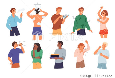 Cartoon people with bad smell. Daily hygiene. Sweating dirty man. Smoking woman. Alcohol consumption. Persons spraying deodorant and taking shower. Sweaty clothing. Garish vector set 114265422