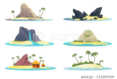 Cartoon tropical islands. Beautiful natural landscapes. Rocks or palm trees. Mountain waterfall. Sandy beach. Sea coast. Summer adventure. Holidays in nature. Vector seaside sceneries set 114265429