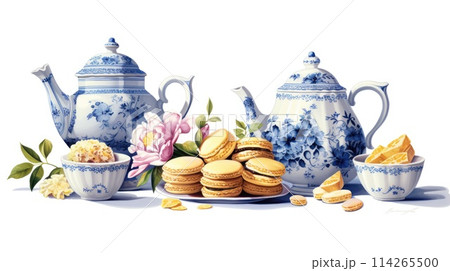 Afternoon tea cartoon illustration - Generative AI. Teapot, cakes, cup, flowers. Afternoon tea cartoon illustration - Generative AI. Teapot, cakes, cup, flowers. 114265500