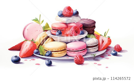 French patisserie cartoon illustration - Generative AI. Colorful, macarons, fruits, berries. French patisserie cartoon illustration - Generative AI. Colorful, macarons, fruits, berries. 114265572