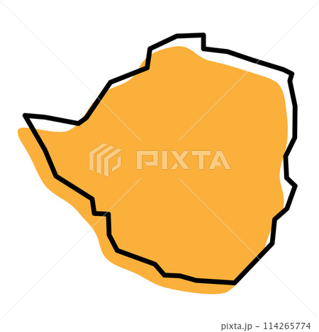 Zimbabwe country simplified map. Orange silhouette with thick black sharp contour outline isolated on white background. Simple vector icon Zimbabwe country simplified map. Orange silhouette with thick black sharp contour outline isolated on white background. Simple vector icon 114265774