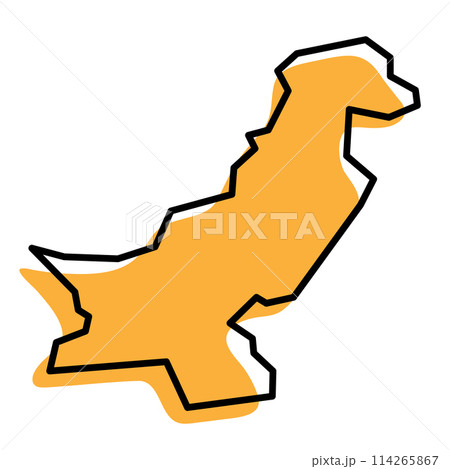 Pakistan country simplified map. Orange silhouette with thick black sharp contour outline isolated on white background. Simple vector icon 114265867