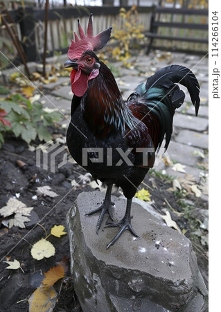 Vibrant rooster in a charming backyard setting with space for copy - vertical image 114266104