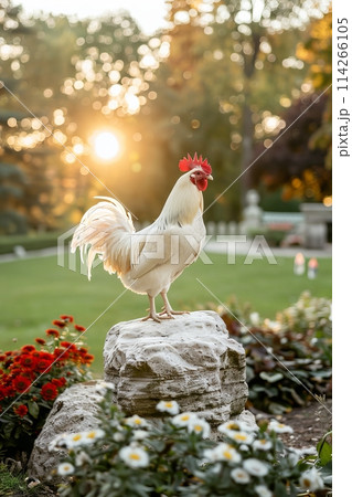 Beautiful white rooster in backyard with ample copy space for text, vertical composition 114266105