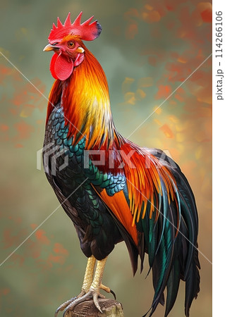 Colorful rooster roaming in outdoor backyard with space for text, vertical image 114266106
