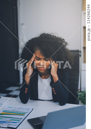 Overworked businesswoman stress from work or upset after finishing meeting. Emotional pressure, stress at work concept 114266244