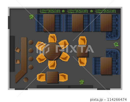 Restaurant interior scheme. Top view of pub. Cafe layout with modern furniture. Bar floor plan. Industrial 3d concept. Dining room map above design 114266474