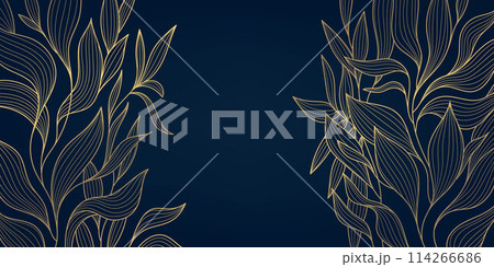 Vector linear golden leaves art deco pattern. Gold line elegant wavy texture, japanese style botanical illustration. Floral plant luxury texture, elegant wallpaper. Vintage decor print. 114266686