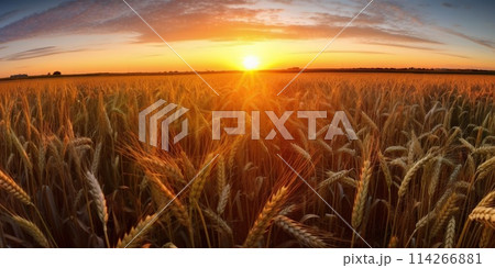 Panoramic view on field of golden ripe wheat on sunset. Generative AI 114266881
