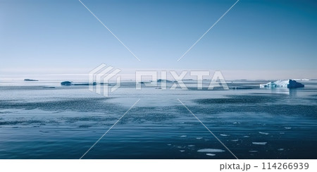 Winter sea landscape with floating ice fragments on still cold water. Generative AI 114266939