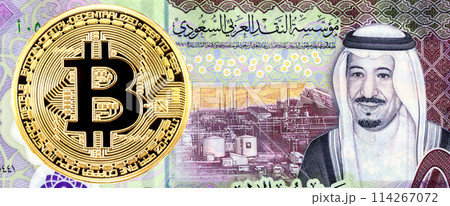 Bitcoin and Saudi riyal with Saudi Arabia King Salman Bin Abdulaziz Al Saud portrait 114267072