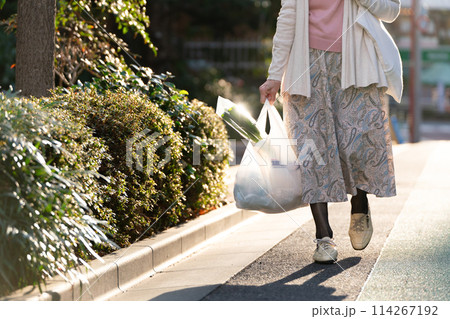 買い物をするシニア女性 足元 買い物をするシニア女性 足元 114267192