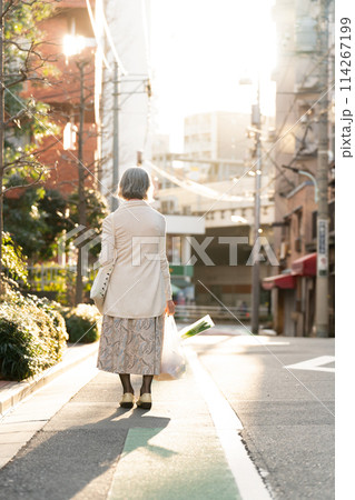 買い物をするシニア女性 後ろ姿 買い物をするシニア女性 後ろ姿 114267199