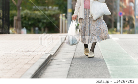 買い物をするシニア女性　足元 114267202