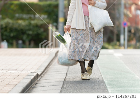 買い物をするシニア女性　足元 114267203