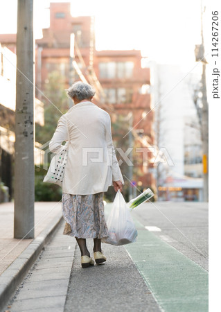 買い物をするシニア女性 後ろ姿 買い物をするシニア女性 後ろ姿 114267206