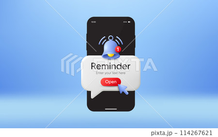Phone reminder message on screen. New notice on the smartphone. Alert notification bell. Important event push message. Calendar reminder notification speech bubble. Click on the button. Vector 114267621