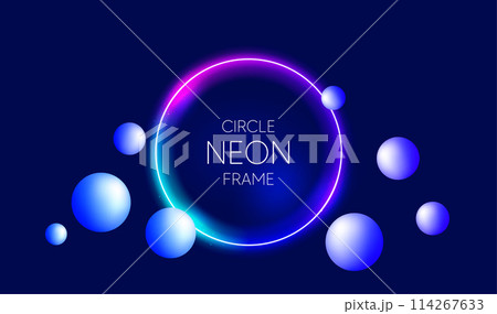 Neon light circle frame background. Abstract cosmic vibrant color banner. Glowing neon led light. Gradient glow presentation background. Dynamic glowing laser effect. Vector illustration 114267633
