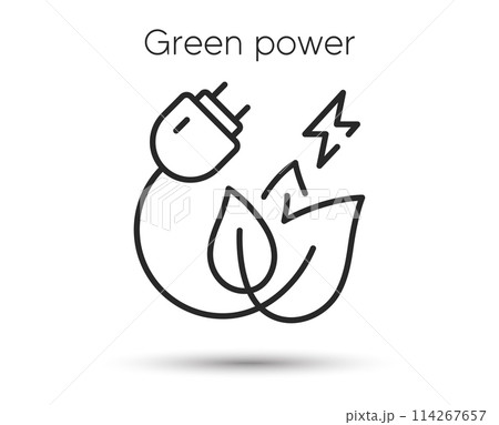 Green eco power plug line icon. Energy efficient plug and leaf sign. Renewable, eco friendly energy symbol. Illustration for web and mobile app. Line style green energy icon. Electric power. Vector 114267657
