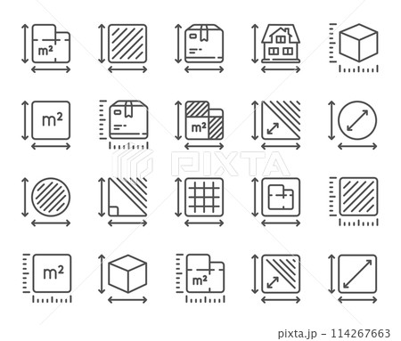 Dimension line icons. Square meter, Area size and Floor plan set. Box size dimension, room space and perimeter line icons. Post office package sizes, square area and triangle corner. Vector 114267663