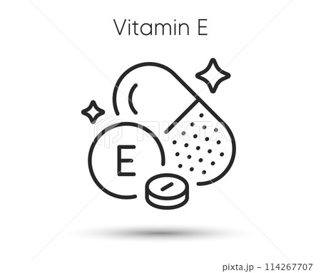 Vitamin E line icon. Fat soluble capsule sign. Multivitamin pill symbol. Illustration for web and mobile app. Line style vitamin e icon. Editable stroke nutrition antioxidant. Vector 114267707