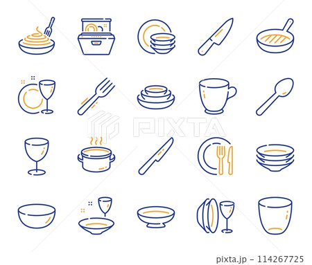 Tableware line icons. Dish plate, Food bowl and Cooking utensils set. Fork, spoon and knife cutlery line icons. Grill pan, dish washer and dish with pasta. Food plate, glass and tea cup. Vector 114267725