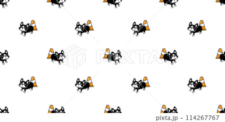 dog seamless pattern french bulldog traffic cone vector cartoon puppy pet doodle tile background gift wrapping paper repeat wallpaper illustration scarf isolated design 114267767