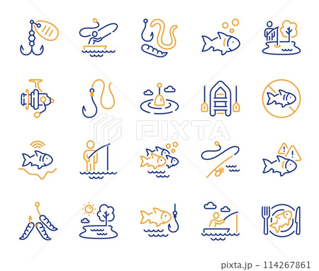 Fishing line icons. Inflatable boat, Worms or Maggot bait and Fishing rod set. Float bobber, echo sounder and hook with worms line icons. Fisherman in boat, spinning rod and maggot lure. Vector Fishing line icons. Inflatable boat, Worms or Maggot bait and Fishing rod set. Float bobber, echo sounder and hook with worms line icons. Fisherman in boat, spinning rod and maggot lure. Vector 114267861