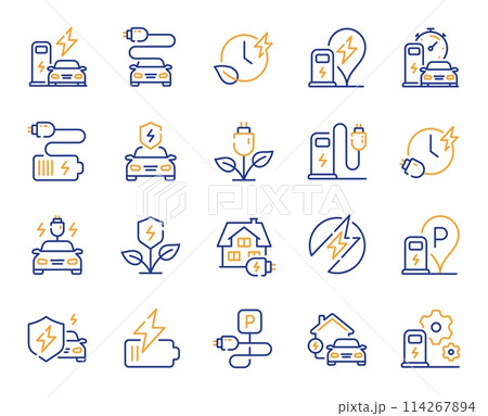 Electric car charging line icons. Charge station, Ev parking and Battery charger set. Home car charging, power station and electro energy line icons. Charge battery, parking electric plug. Vector Electric car charging line icons. Charge station, Ev parking and Battery charger set. Home car charging, power station and electro energy line icons. Charge battery, parking electric plug. Vector 114267894