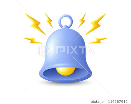 3d notification bell icon. Realistic render blue ringing bell. Subscription reminder alert. Application alarm icon, new message reminder notice. Promo offer notification alert. Vector 114267912