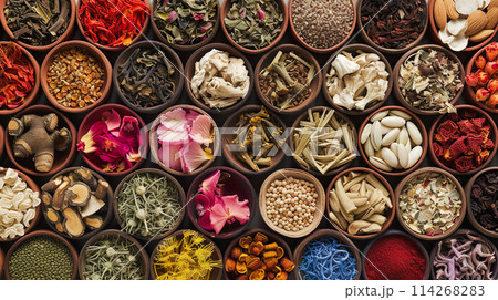 たくさんの種類の漢方薬のイメージ背景 114268283
