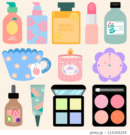 Cute and Colorful hand drawn kawaii cosmetic skincare girly elements set 114268284