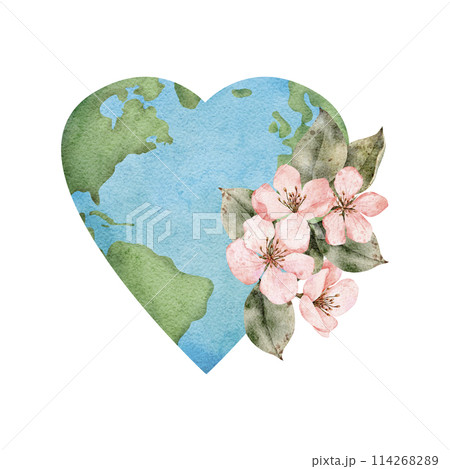 Happy Earth Day. International Mother Earth Day Watercolor illustration. Design for greeting cards and posters Earth planet in heart form with flowers 114268289