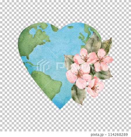 Happy Earth Day. International Mother Earth Day Watercolor illustration. Design for greeting cards and posters Earth planet in heart form with flowers 114268289