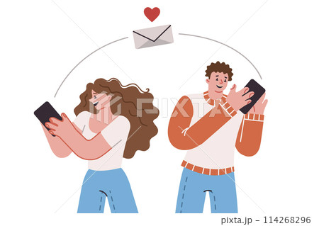 Online dating through mobile application on phones of man and woman chatting and flirting via sms 114268296