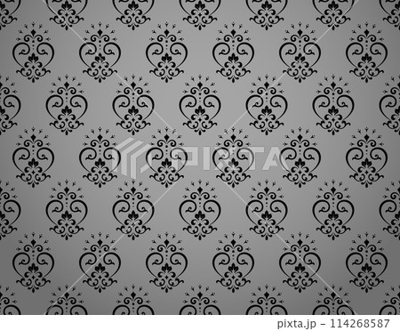 Wallpaper in the style of Baroque. Seamless vector background. Gray and black floral ornament. Graphic pattern for fabric, wallpaper, packaging. Ornate Damask flower ornament Wallpaper in the style of Baroque. Seamless vector background. Gray and black floral ornament. Graphic pattern for fabric, wallpaper, packaging. Ornate Damask flower ornament 114268587