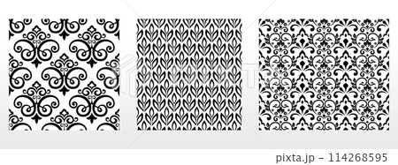 Geometric floral set of seamless patterns. White and black vector backgrounds. Damask graphic ornaments. 114268595
