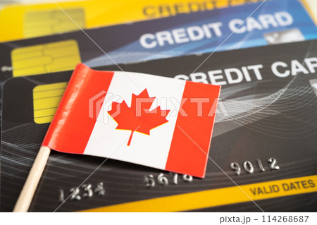 Credit card model with Canada flag, financial investment economy business banking. Credit card model with Canada flag, financial investment economy business banking. 114268687