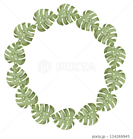 Round Frame with Monstera. Watercolor Wreath with green Palm leaves on isolated background. Circular border with exotic tropical plants for greeting cards or invitations. Illustration for icon or logo Round Frame with Monstera. Watercolor Wreath with green Palm leaves on isolated background. Circular border with exotic tropical plants for greeting cards or invitations. Illustration for icon or logo 114269945